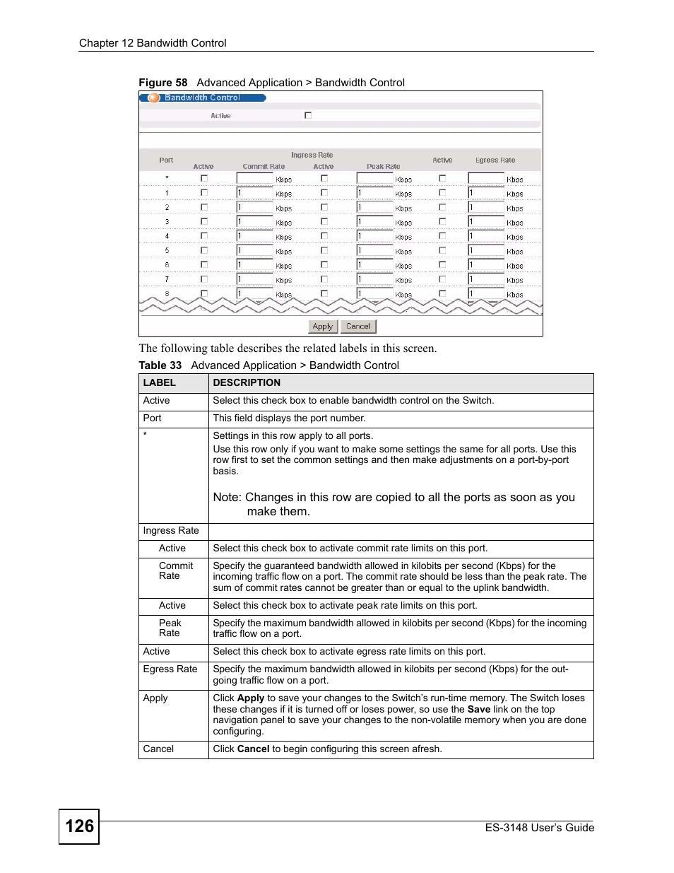 Figure 58 advanced application > bandwidth control, Table 33 advanced application > bandwidth control | ZyXEL Communications ES-3148 Series User Manual | Page 126 / 362