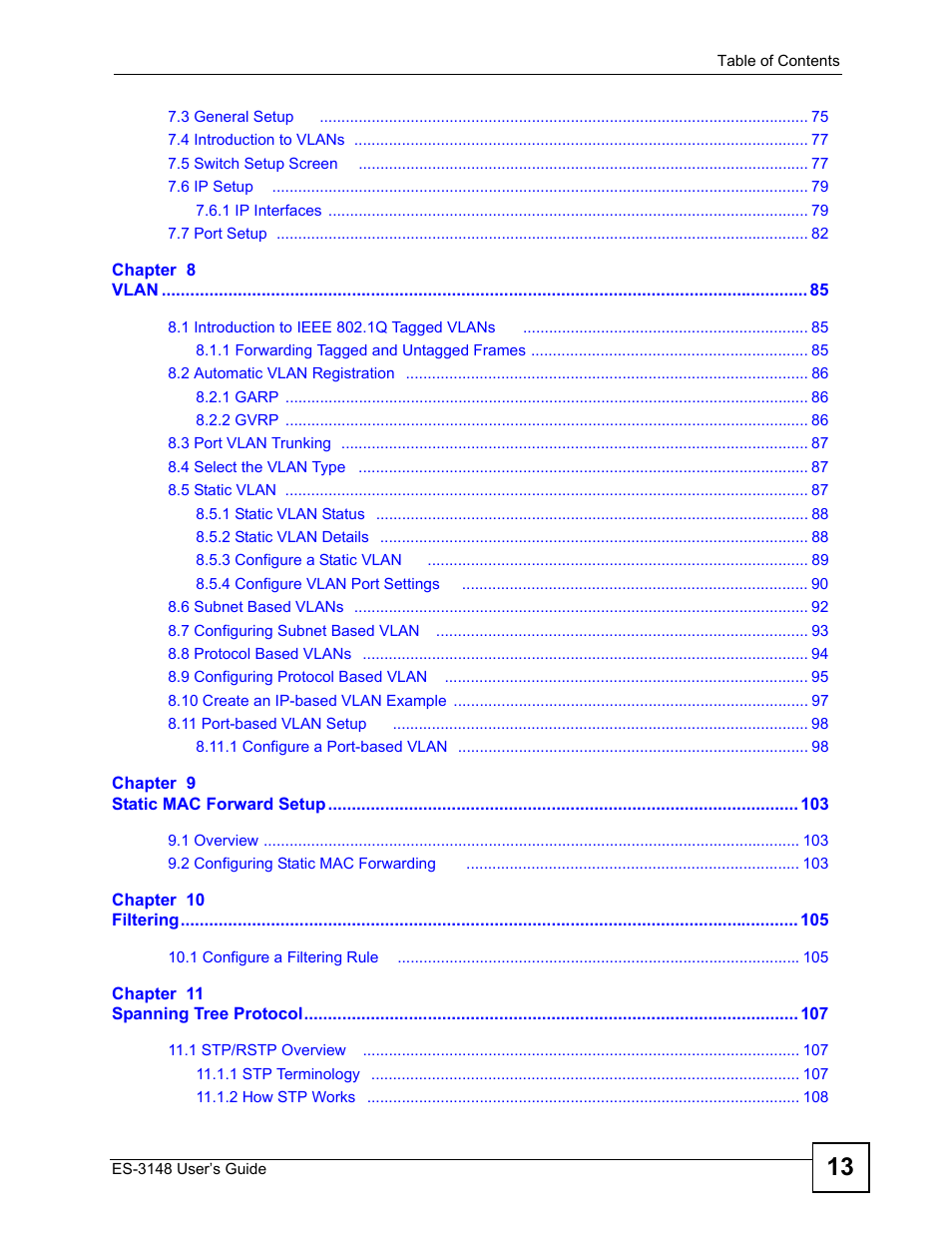 ZyXEL Communications ES-3148 Series User Manual | Page 13 / 362