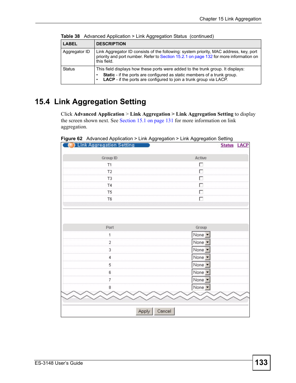 4 link aggregation setting | ZyXEL Communications ES-3148 Series User Manual | Page 133 / 362