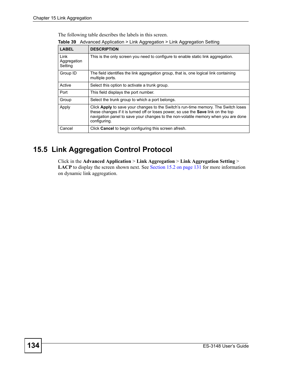 5 link aggregation control protocol | ZyXEL Communications ES-3148 Series User Manual | Page 134 / 362