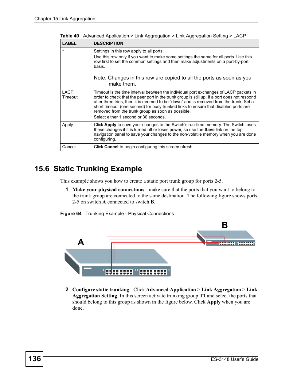 6 static trunking example, Figure 64 trunking example - physical connections | ZyXEL Communications ES-3148 Series User Manual | Page 136 / 362