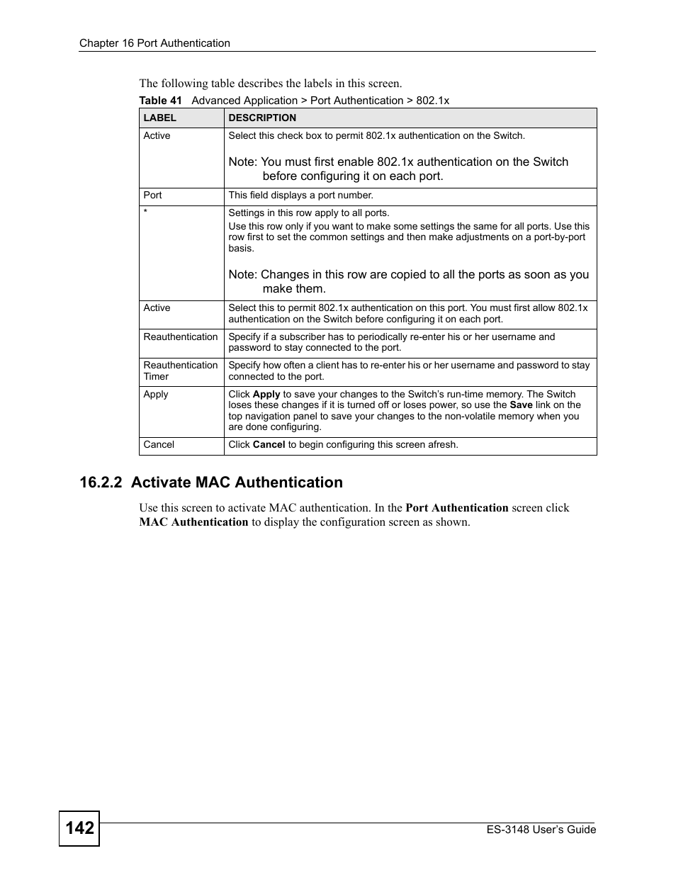 2 activate mac authentication | ZyXEL Communications ES-3148 Series User Manual | Page 142 / 362