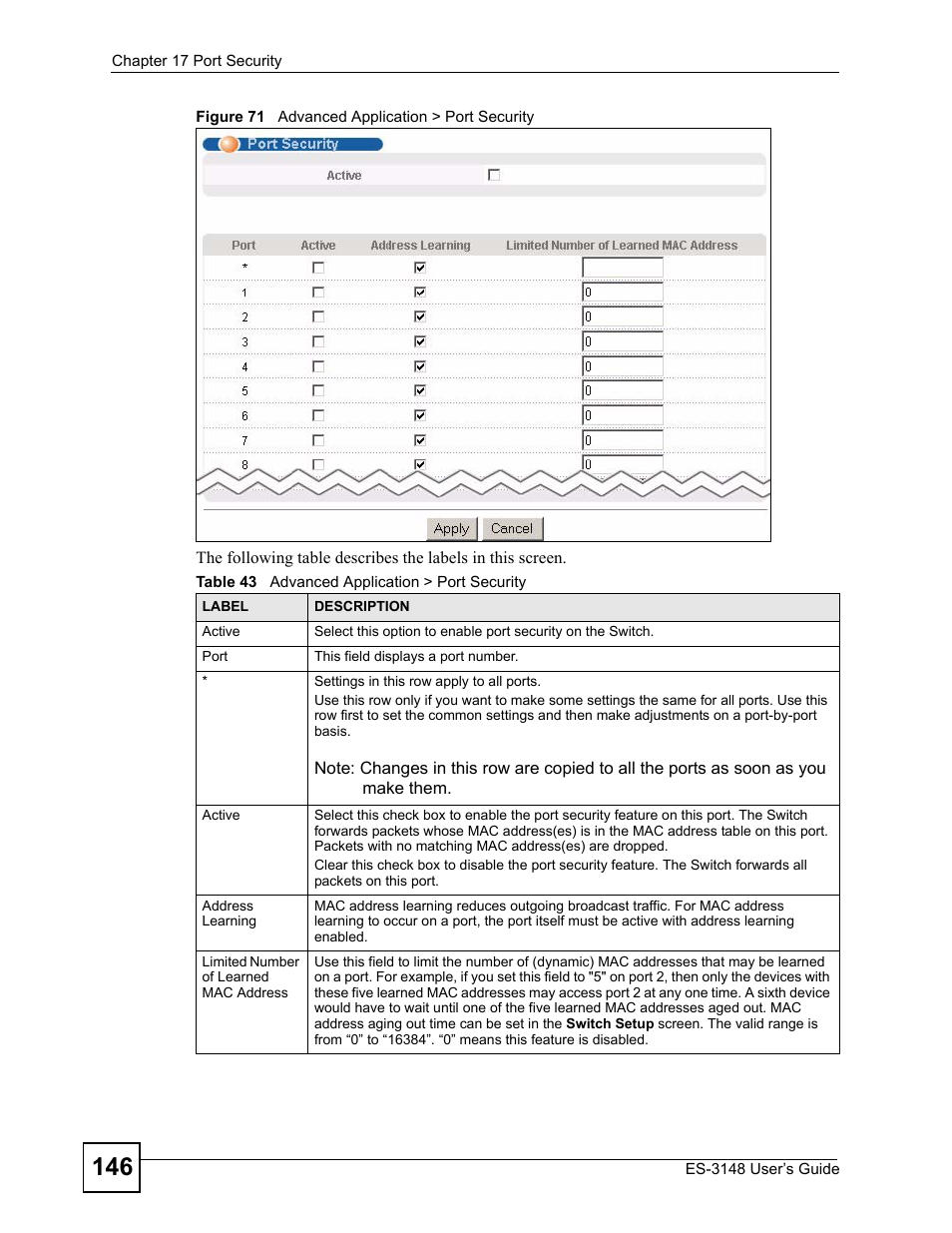 Figure 71 advanced application > port security, Table 43 advanced application > port security | ZyXEL Communications ES-3148 Series User Manual | Page 146 / 362