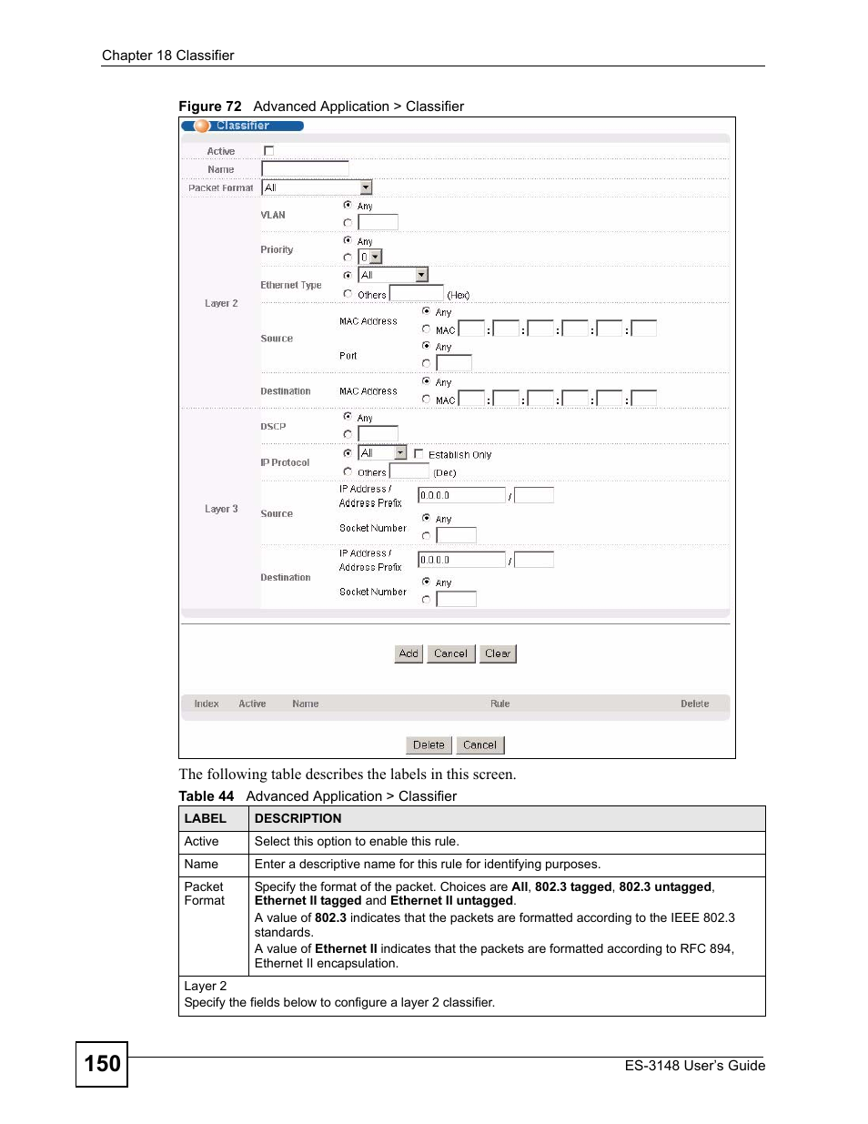 Figure 72 advanced application > classifier, Table 44 advanced application > classifier | ZyXEL Communications ES-3148 Series User Manual | Page 150 / 362