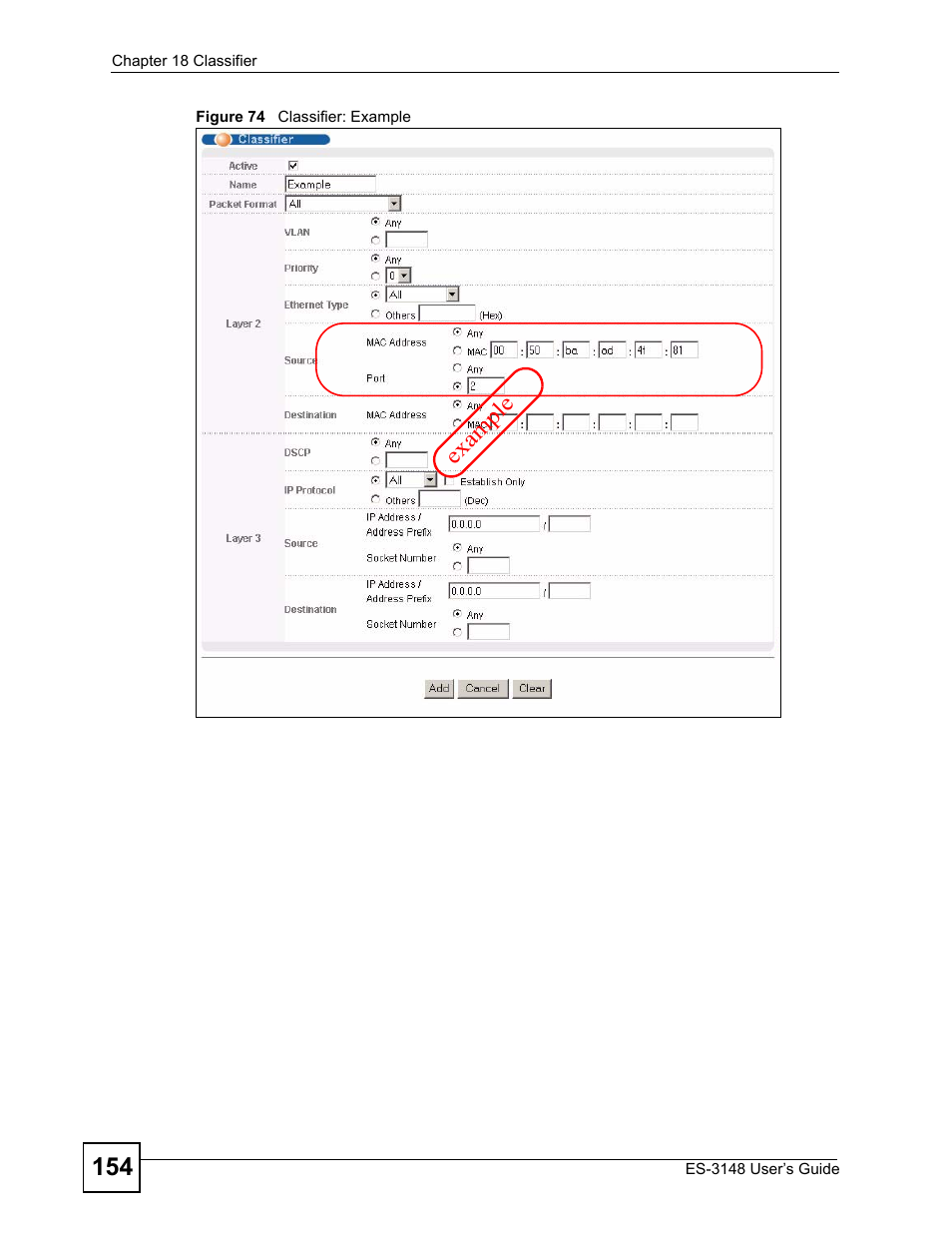 Figure 74 classifier: example | ZyXEL Communications ES-3148 Series User Manual | Page 154 / 362