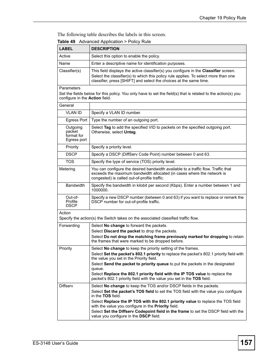 Table 49 advanced application > policy rule | ZyXEL Communications ES-3148 Series User Manual | Page 157 / 362