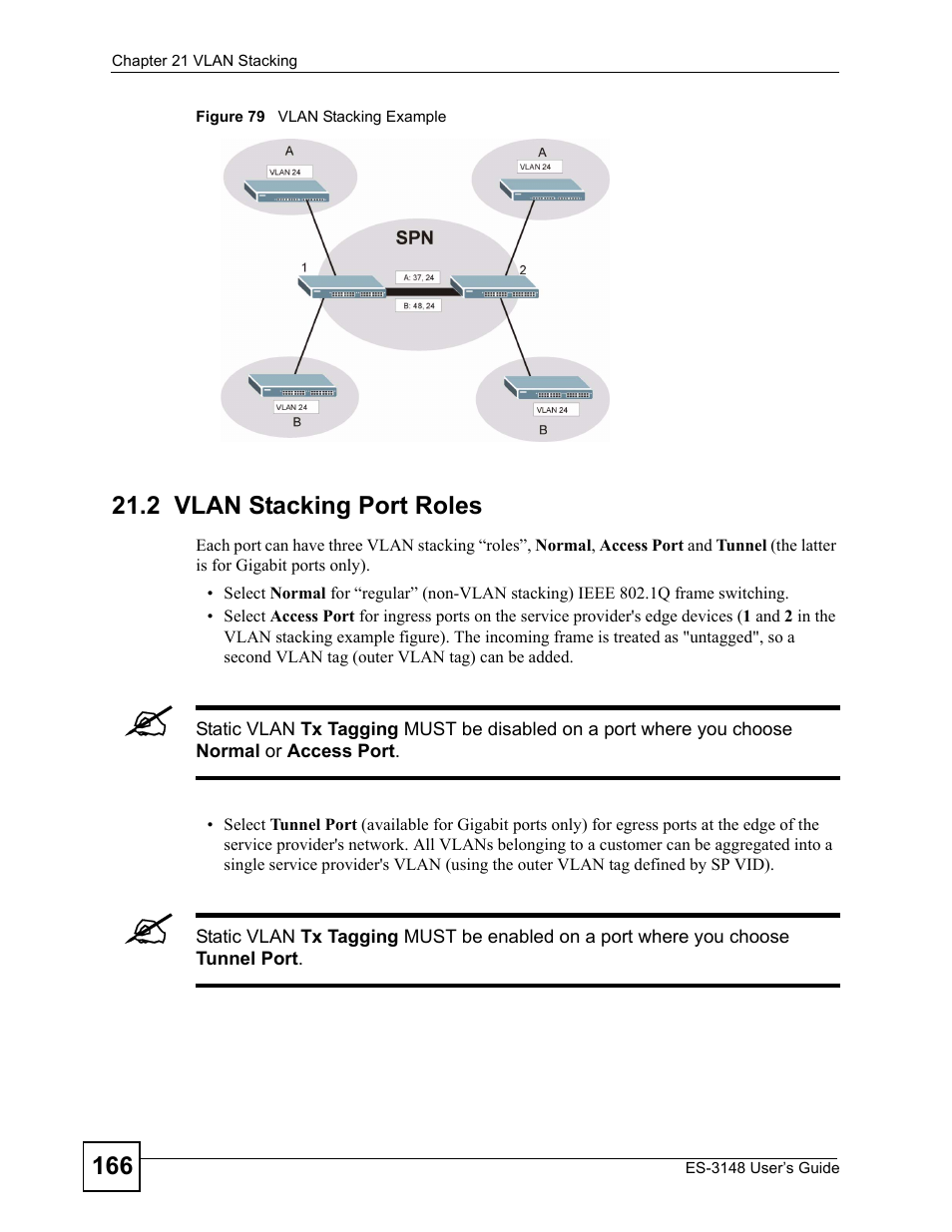 2 vlan stacking port roles, Figure 79 vlan stacking example | ZyXEL Communications ES-3148 Series User Manual | Page 166 / 362