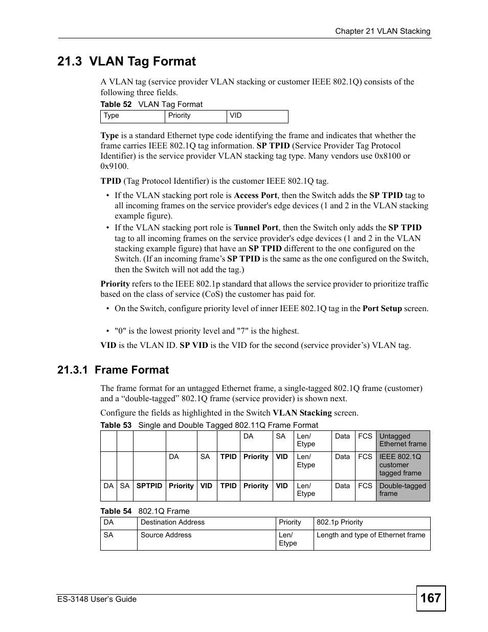 3 vlan tag format, 1 frame format | ZyXEL Communications ES-3148 Series User Manual | Page 167 / 362