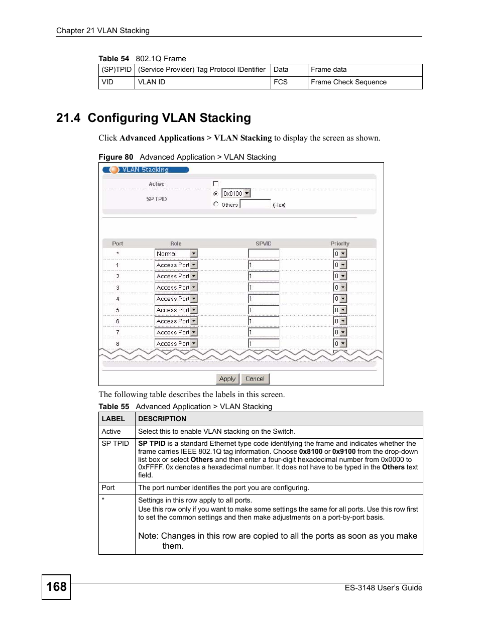 4 configuring vlan stacking, Figure 80 advanced application > vlan stacking, Table 55 advanced application > vlan stacking | ZyXEL Communications ES-3148 Series User Manual | Page 168 / 362