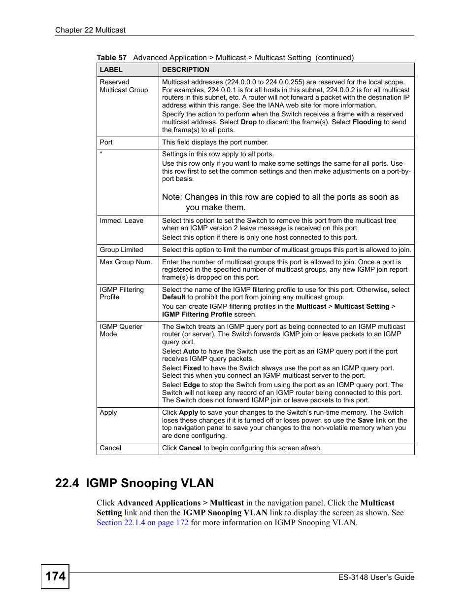 4 igmp snooping vlan | ZyXEL Communications ES-3148 Series User Manual | Page 174 / 362