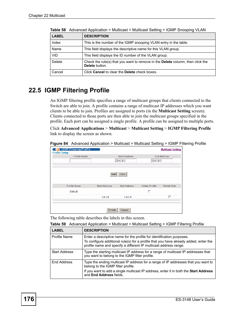 5 igmp filtering profile | ZyXEL Communications ES-3148 Series User Manual | Page 176 / 362