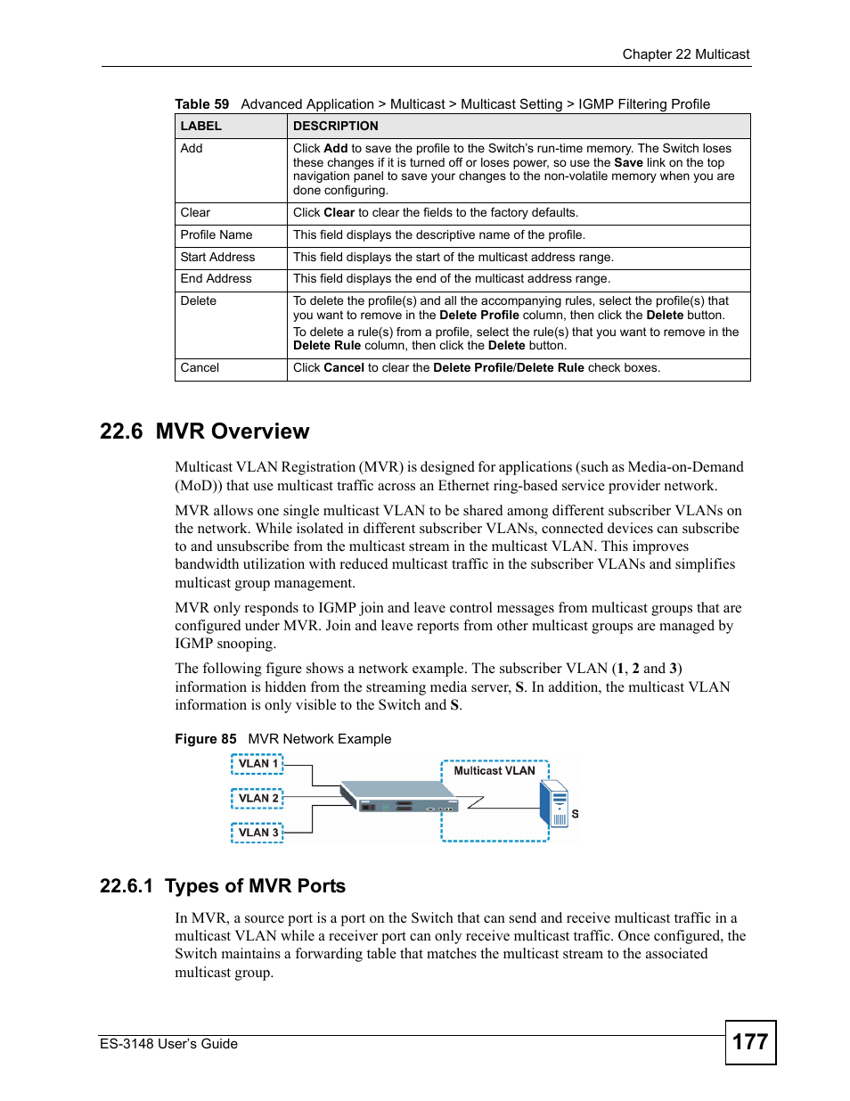 6 mvr overview, 1 types of mvr ports, Figure 85 mvr network example | ZyXEL Communications ES-3148 Series User Manual | Page 177 / 362