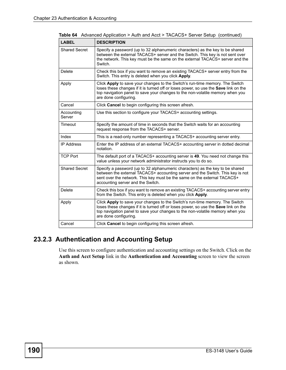 3 authentication and accounting setup | ZyXEL Communications ES-3148 Series User Manual | Page 190 / 362