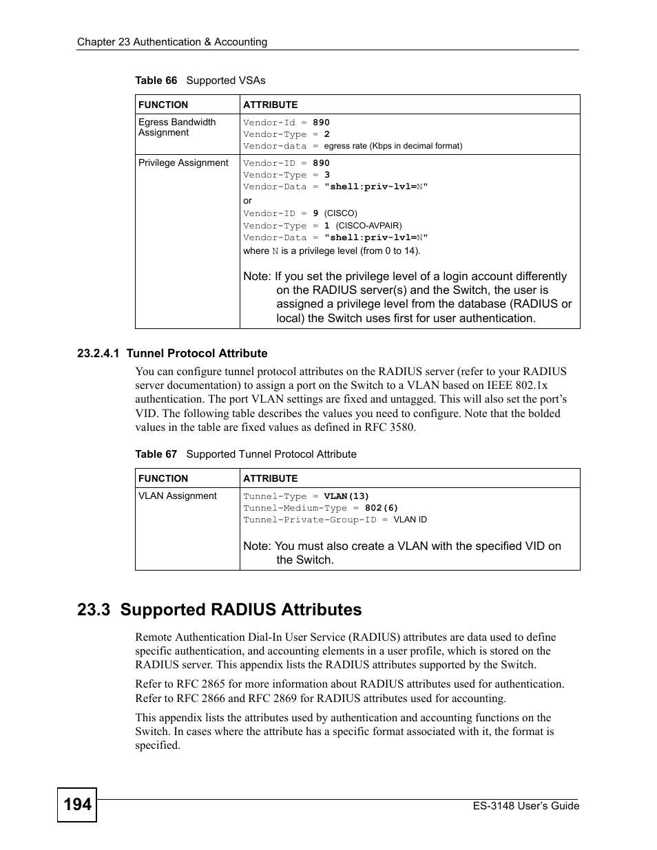 3 supported radius attributes, Table 67 supported tunnel protocol attribute | ZyXEL Communications ES-3148 Series User Manual | Page 194 / 362