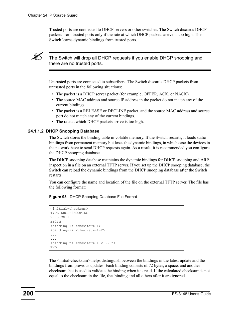 Figure 98 dhcp snooping database file format | ZyXEL Communications ES-3148 Series User Manual | Page 200 / 362