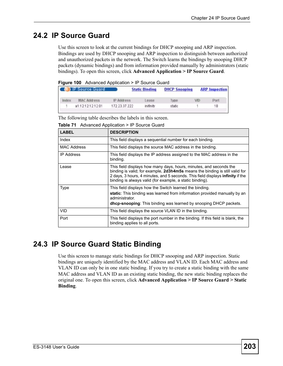 2 ip source guard, 3 ip source guard static binding, Figure 100 advanced application > ip source guard | Table 71 advanced application > ip source guard | ZyXEL Communications ES-3148 Series User Manual | Page 203 / 362