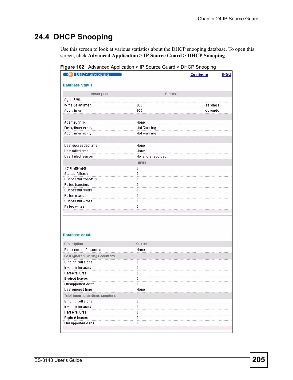 4 dhcp snooping | ZyXEL Communications ES-3148 Series User Manual | Page 205 / 362