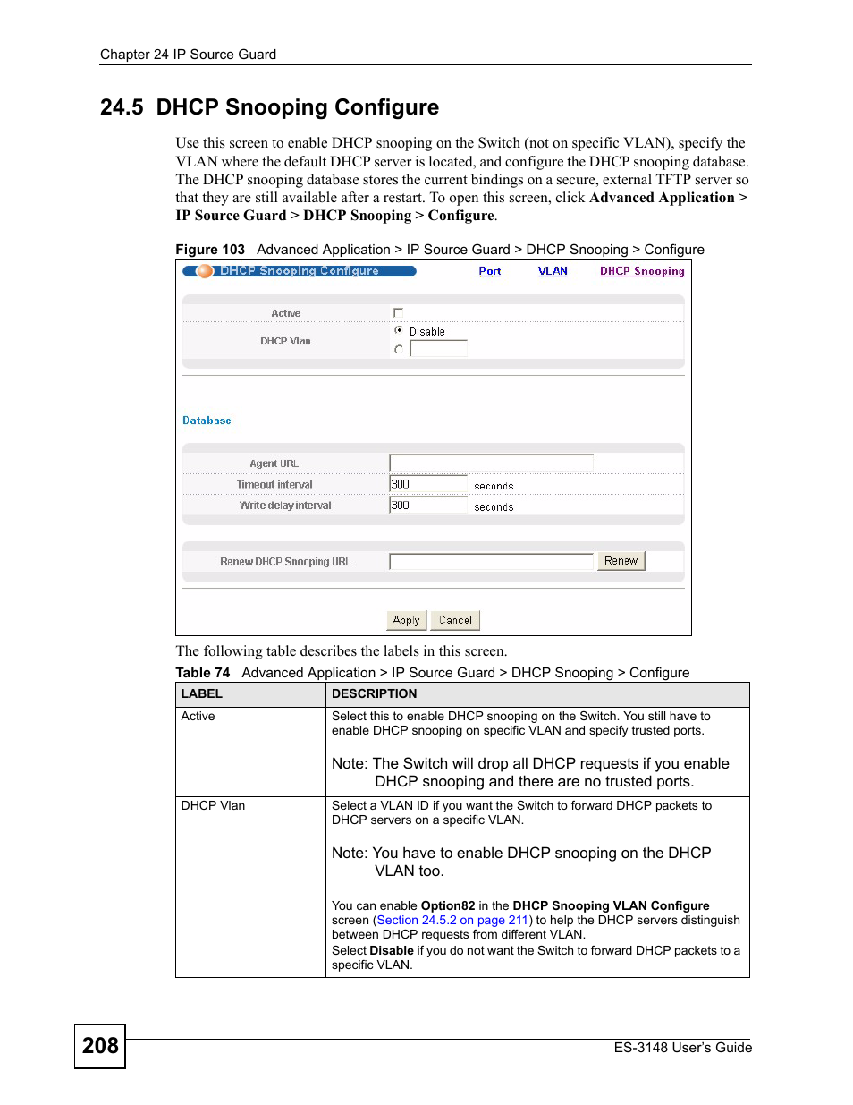 5 dhcp snooping configure | ZyXEL Communications ES-3148 Series User Manual | Page 208 / 362