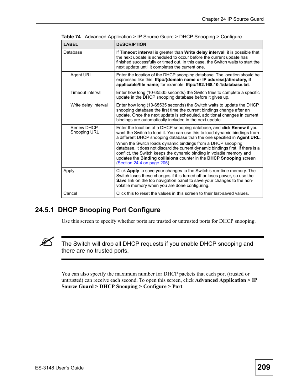 1 dhcp snooping port configure | ZyXEL Communications ES-3148 Series User Manual | Page 209 / 362