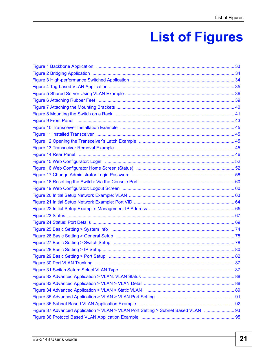 List of figures | ZyXEL Communications ES-3148 Series User Manual | Page 21 / 362