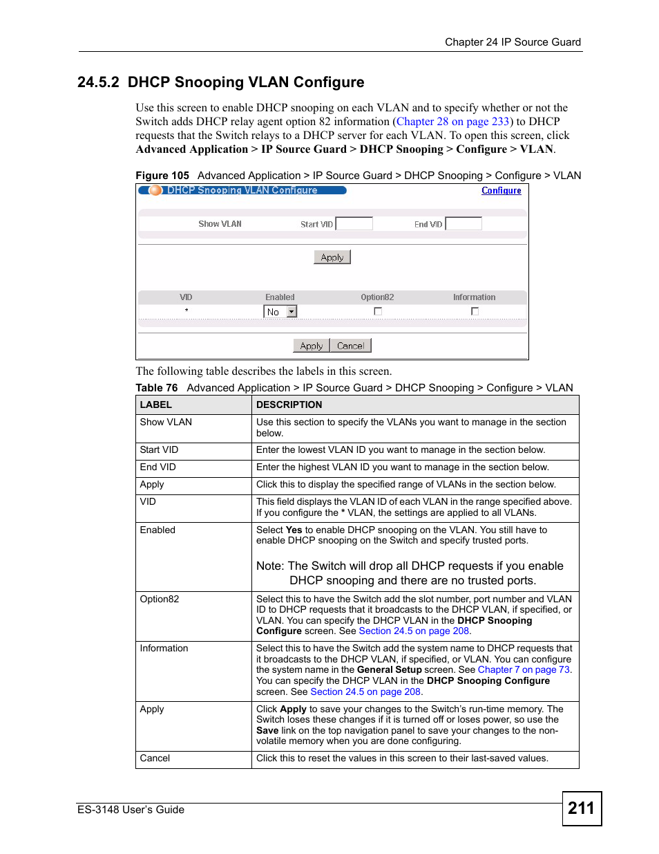 2 dhcp snooping vlan configure | ZyXEL Communications ES-3148 Series User Manual | Page 211 / 362