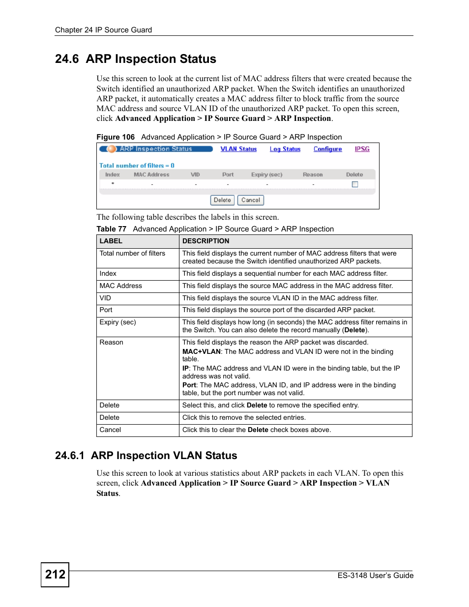 6 arp inspection status, 1 arp inspection vlan status | ZyXEL Communications ES-3148 Series User Manual | Page 212 / 362