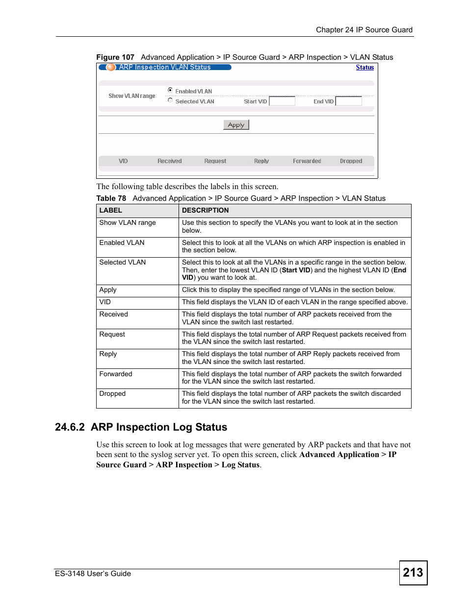 2 arp inspection log status | ZyXEL Communications ES-3148 Series User Manual | Page 213 / 362