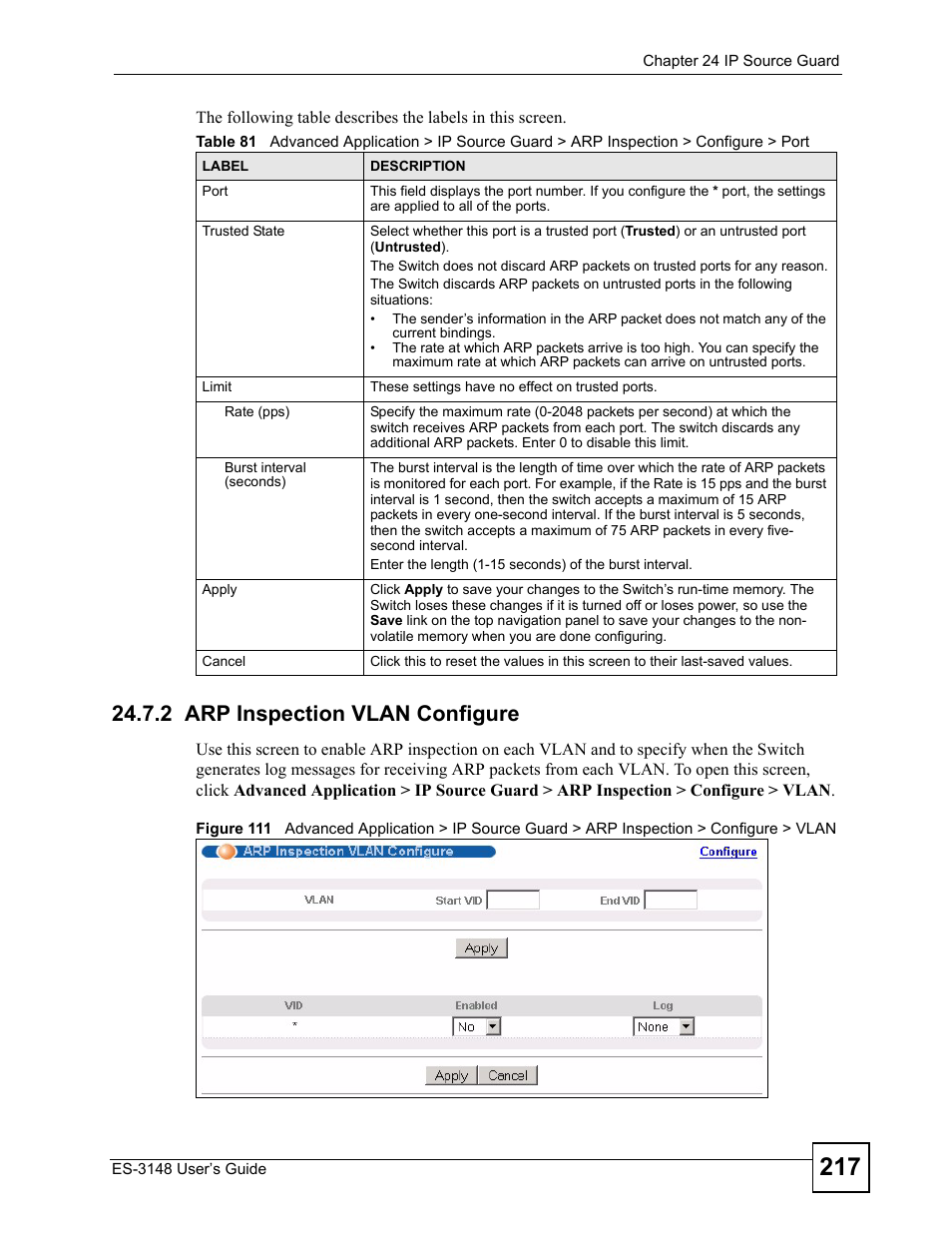 2 arp inspection vlan configure, Section 24.7.2 | ZyXEL Communications ES-3148 Series User Manual | Page 217 / 362