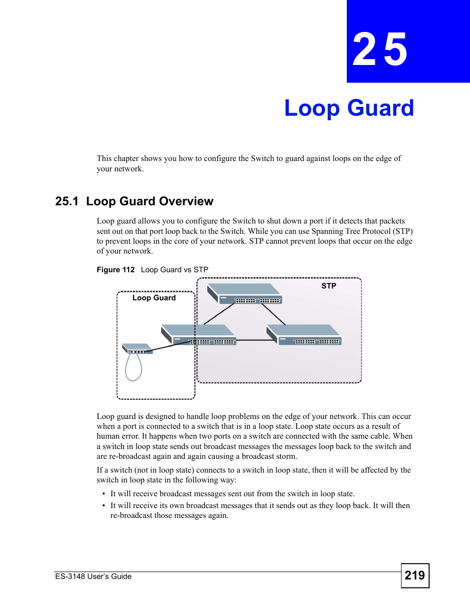 Loop guard, 1 loop guard overview, Chapter 25 loop guard | Figure 112 loop guard vs stp, Loop guard (219) | ZyXEL Communications ES-3148 Series User Manual | Page 219 / 362