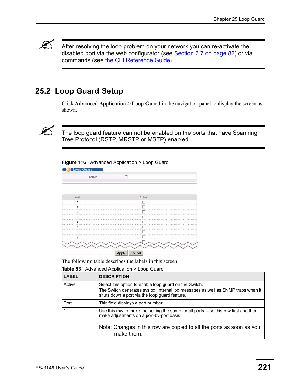 2 loop guard setup, Figure 116 advanced application > loop guard, Table 83 advanced application > loop guard | ZyXEL Communications ES-3148 Series User Manual | Page 221 / 362