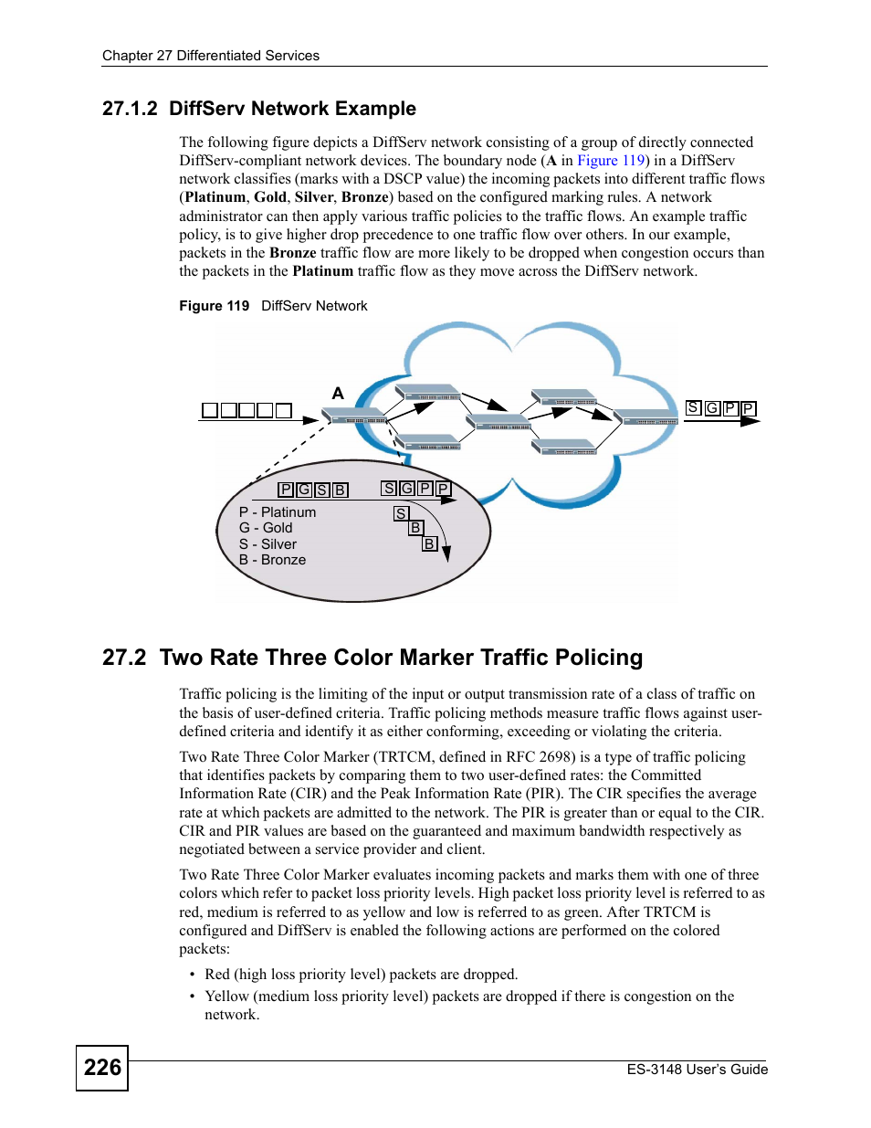 2 diffserv network example, 2 two rate three color marker traffic policing, Figure 119 diffserv network | ZyXEL Communications ES-3148 Series User Manual | Page 226 / 362