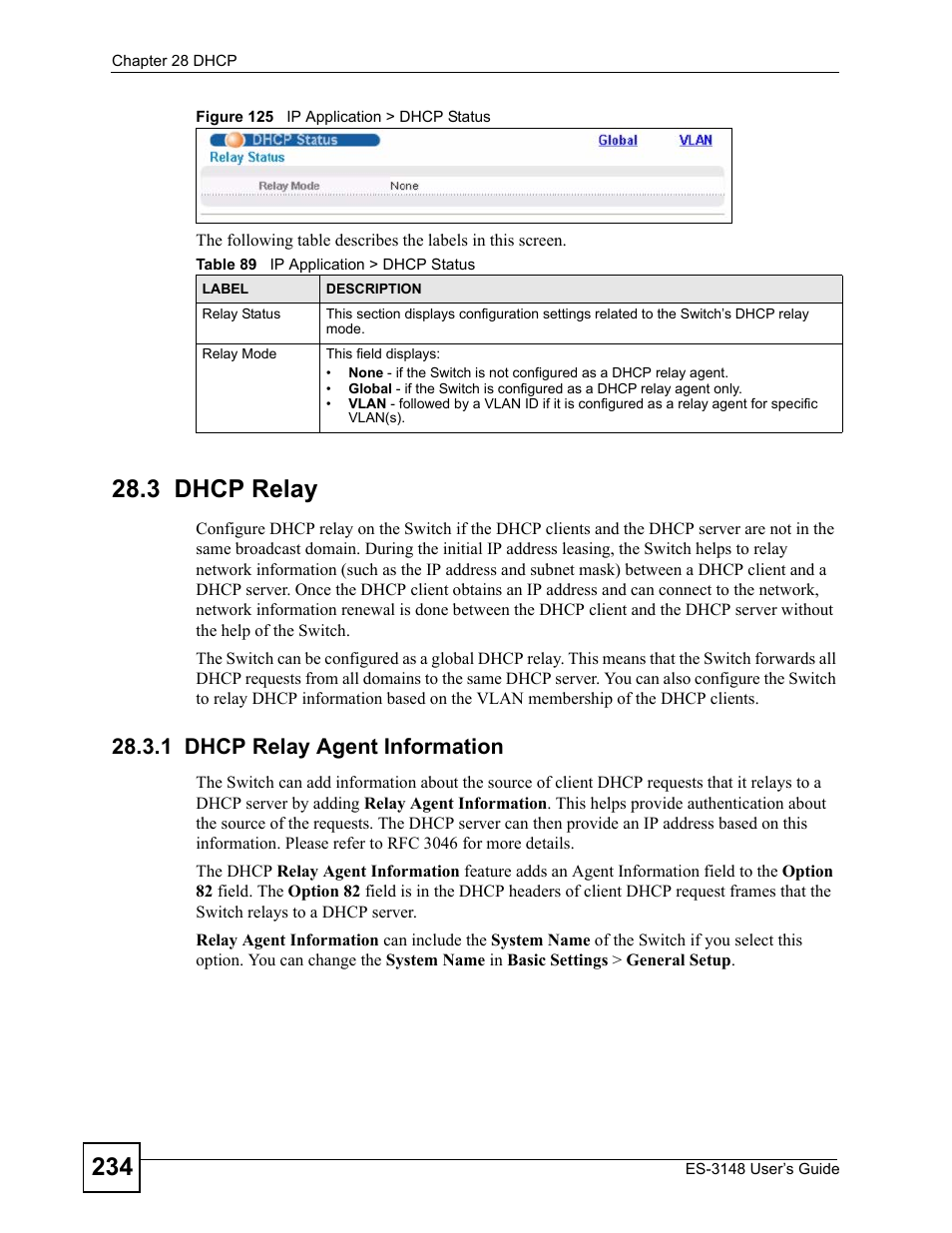 3 dhcp relay, 1 dhcp relay agent information, Figure 125 ip application > dhcp status | Table 89 ip application > dhcp status | ZyXEL Communications ES-3148 Series User Manual | Page 234 / 362