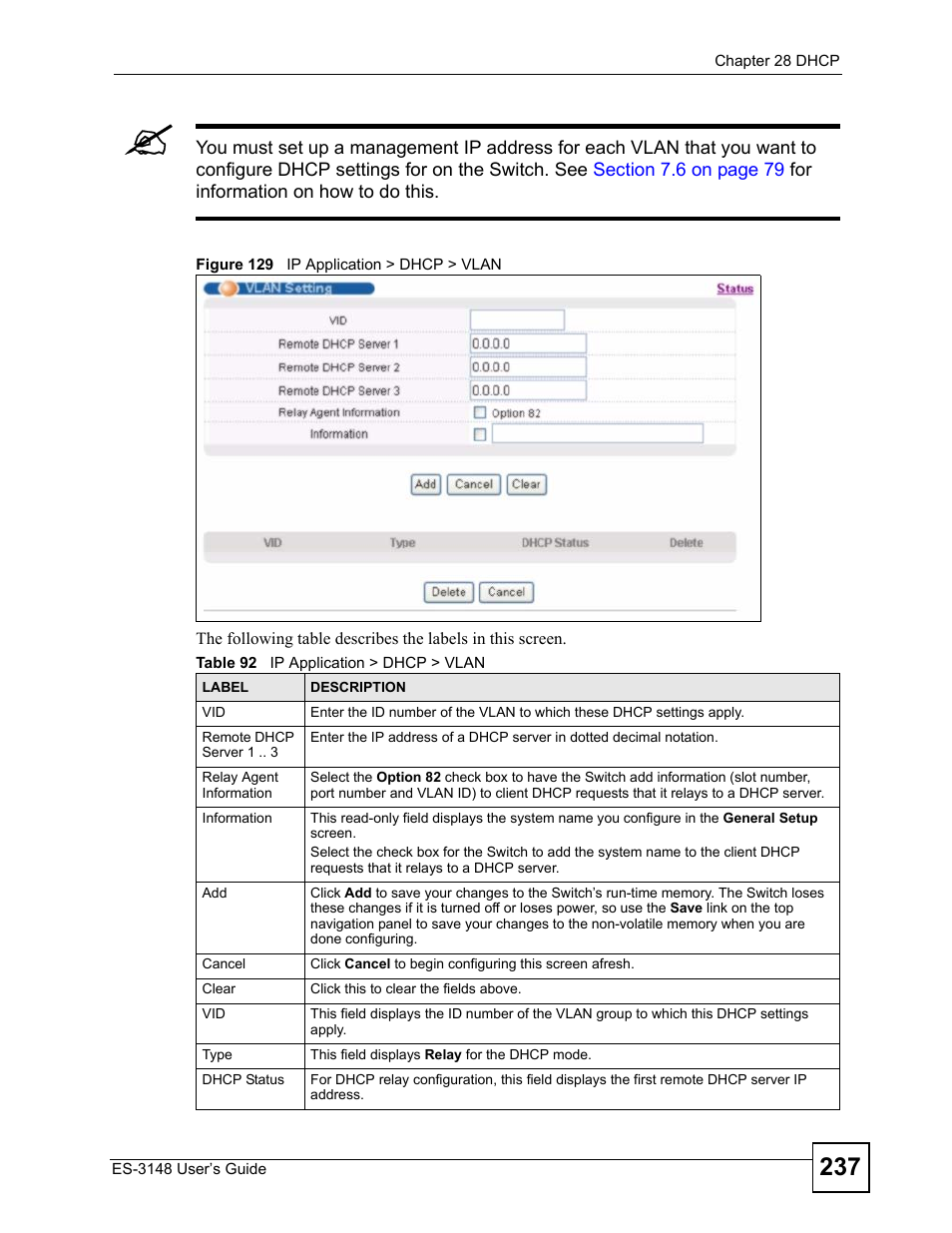 Figure 129 ip application > dhcp > vlan, Table 92 ip application > dhcp > vlan | ZyXEL Communications ES-3148 Series User Manual | Page 237 / 362