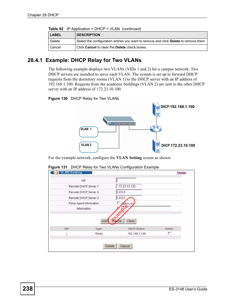 1 example: dhcp relay for two vlans, Ex ample | ZyXEL Communications ES-3148 Series User Manual | Page 238 / 362