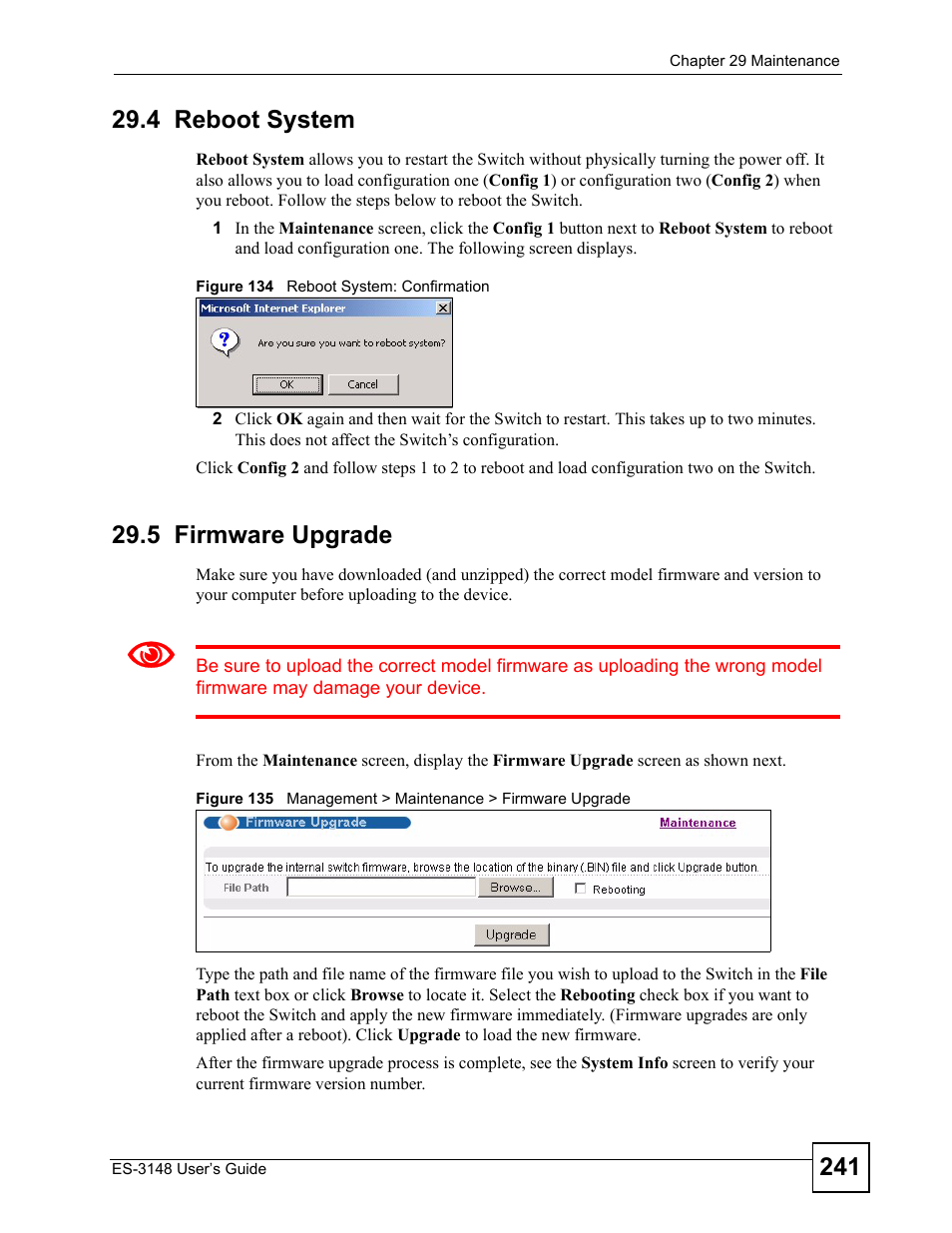 4 reboot system, 5 firmware upgrade, 4 reboot system 29.5 firmware upgrade | ZyXEL Communications ES-3148 Series User Manual | Page 241 / 362