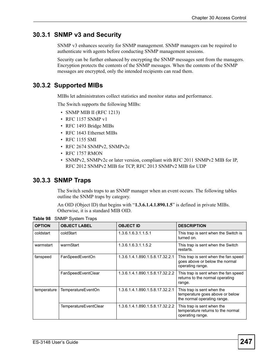 1 snmp v3 and security, 2 supported mibs, 3 snmp traps | Table 98 snmp system traps | ZyXEL Communications ES-3148 Series User Manual | Page 247 / 362