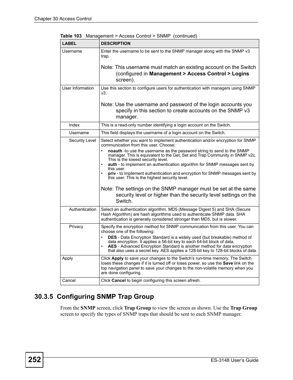 5 configuring snmp trap group | ZyXEL Communications ES-3148 Series User Manual | Page 252 / 362