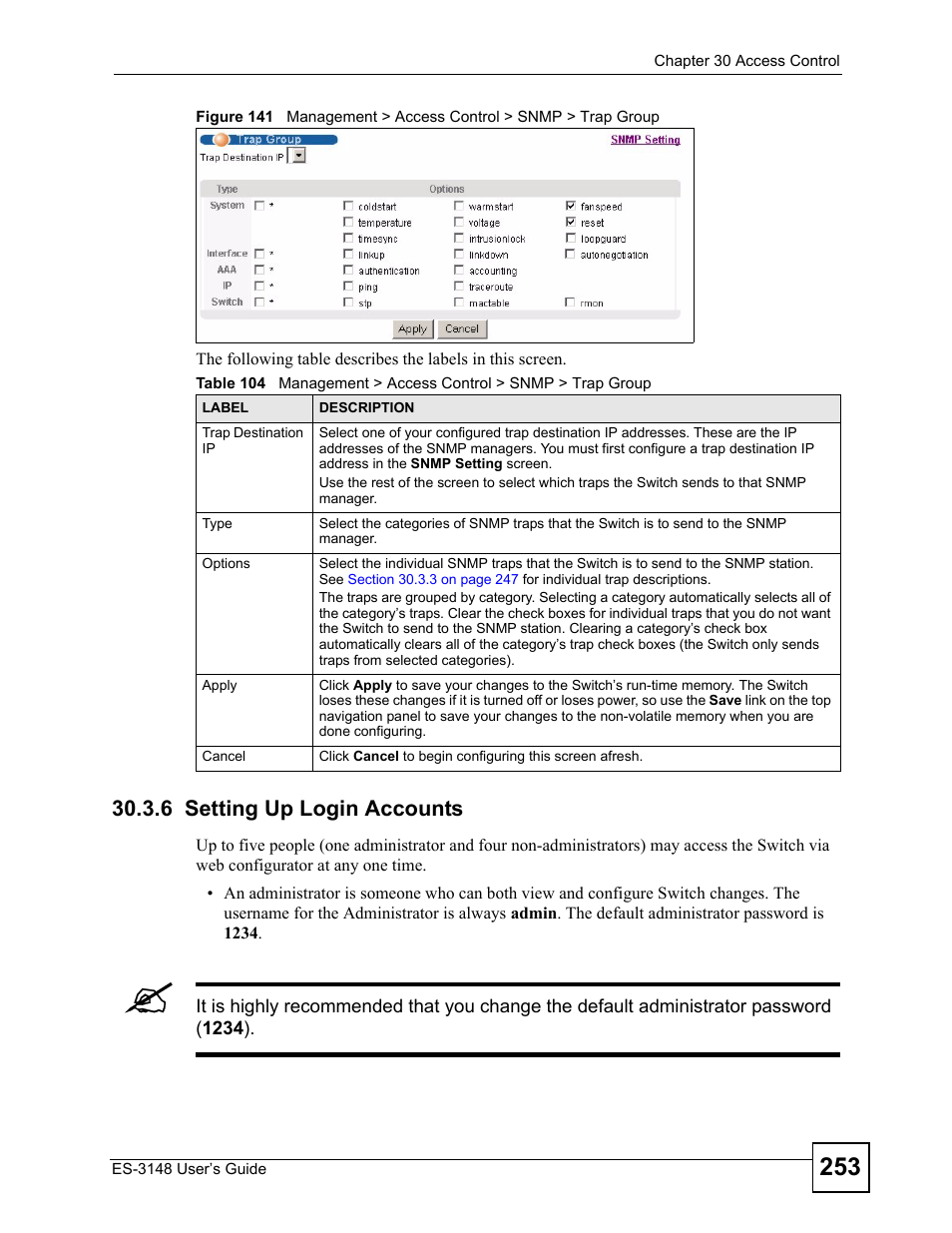 6 setting up login accounts | ZyXEL Communications ES-3148 Series User Manual | Page 253 / 362