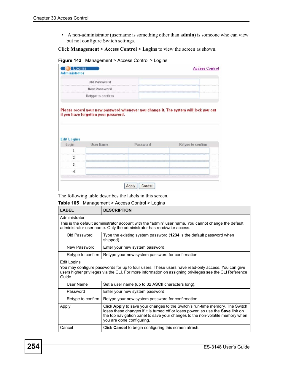 Figure 142 management > access control > logins, Table 105 management > access control > logins | ZyXEL Communications ES-3148 Series User Manual | Page 254 / 362