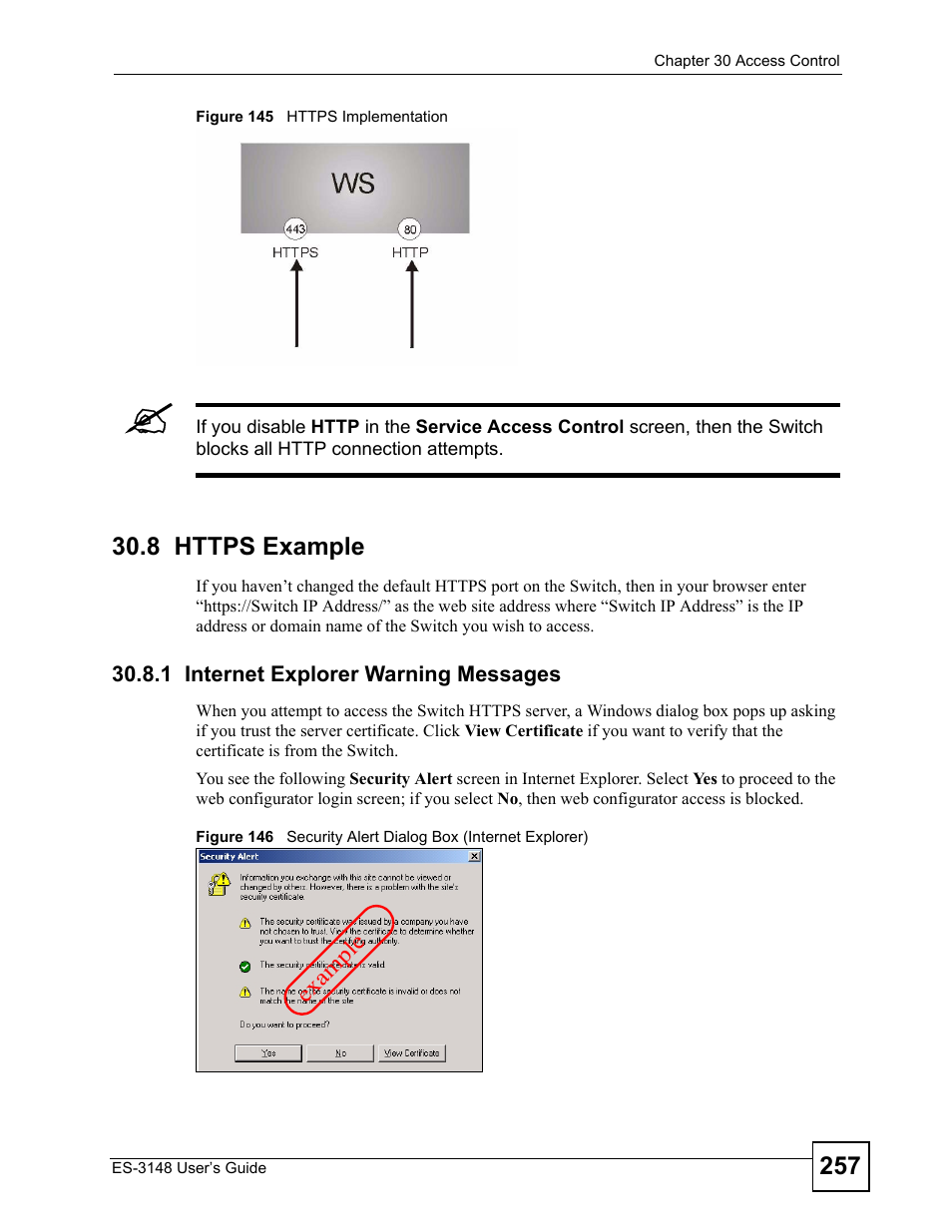 8 https example, 1 internet explorer warning messages | ZyXEL Communications ES-3148 Series User Manual | Page 257 / 362