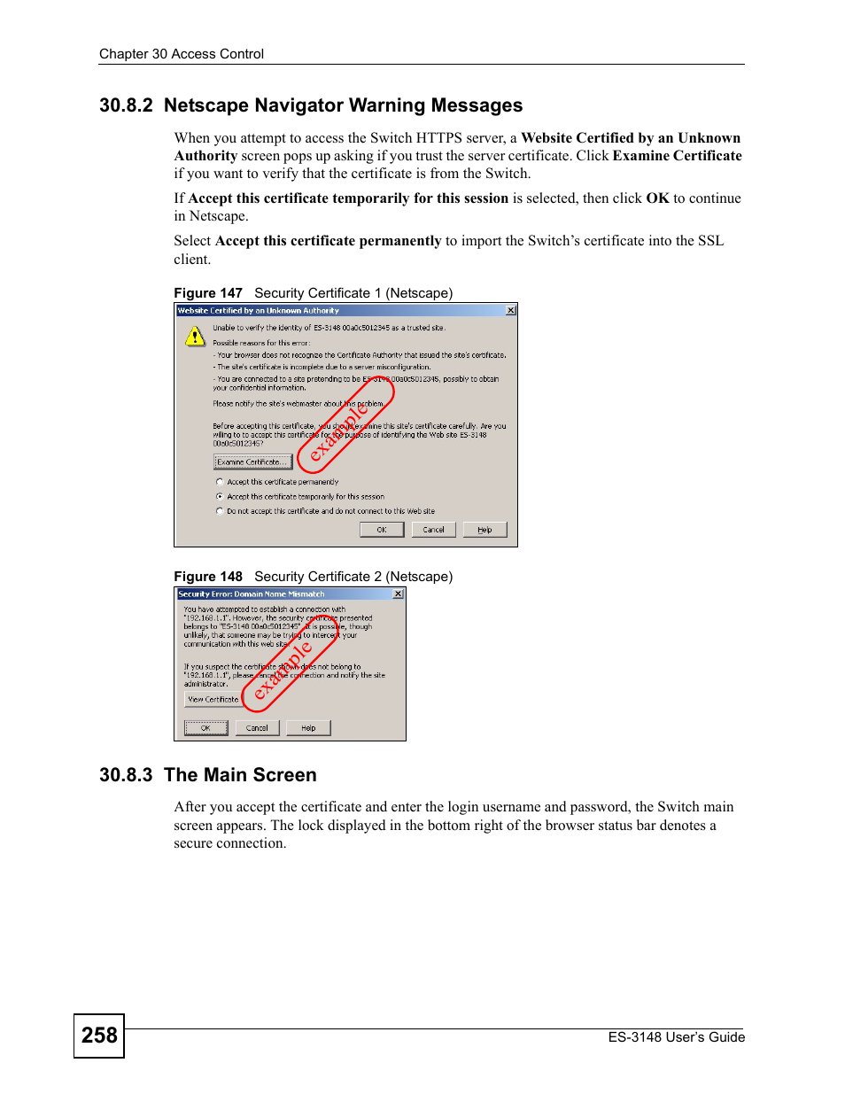 2 netscape navigator warning messages, 3 the main screen | ZyXEL Communications ES-3148 Series User Manual | Page 258 / 362