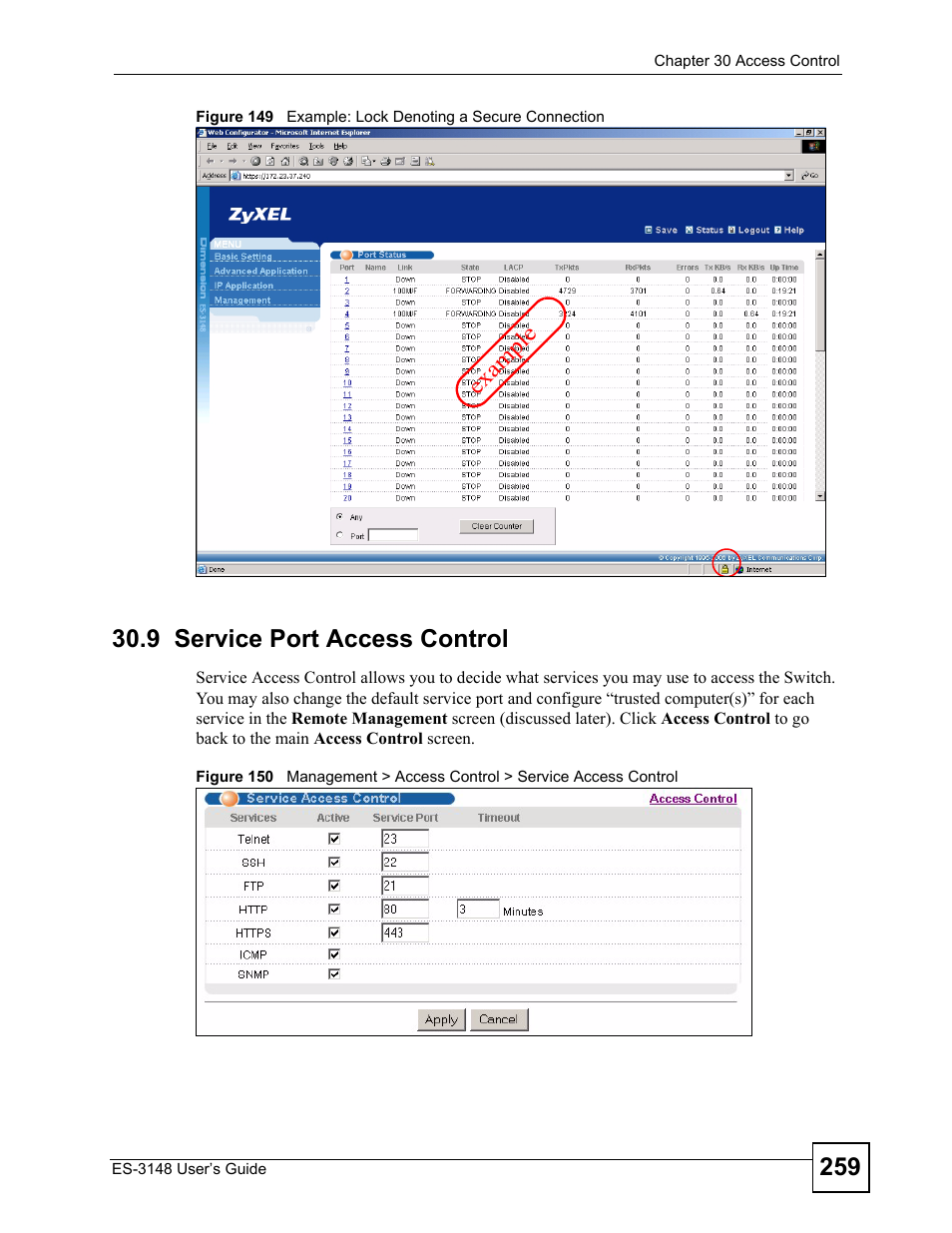 9 service port access control, Exa mple | ZyXEL Communications ES-3148 Series User Manual | Page 259 / 362