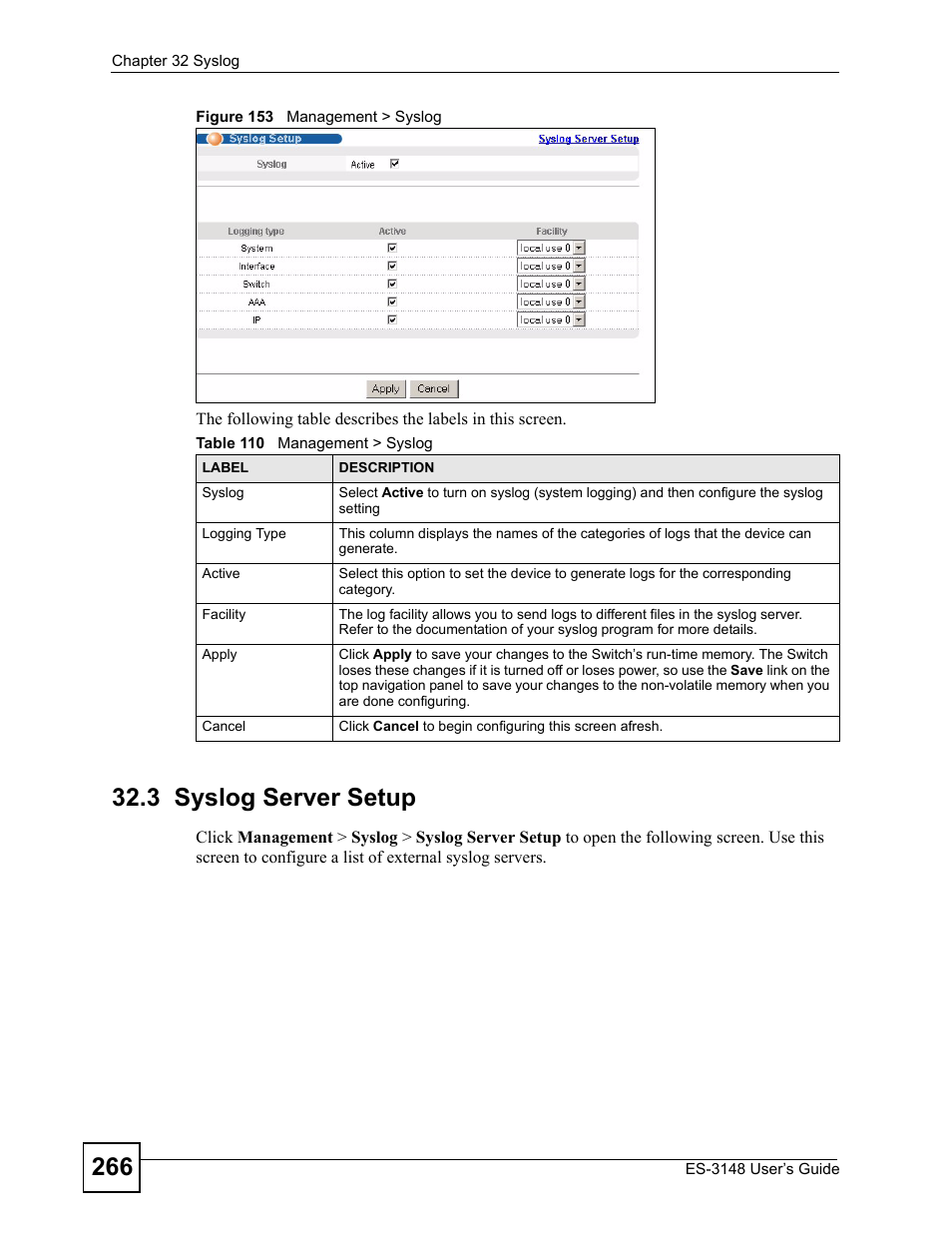 3 syslog server setup, Figure 153 management > syslog, Table 110 management > syslog | ZyXEL Communications ES-3148 Series User Manual | Page 266 / 362