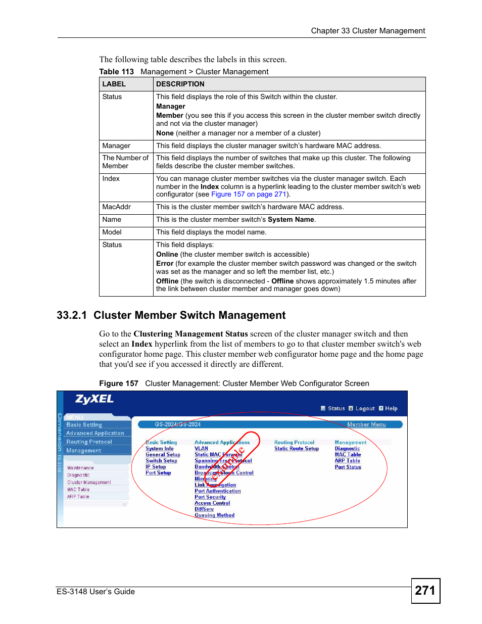 1 cluster member switch management, Table 113 management > cluster management, Exa mp le | ZyXEL Communications ES-3148 Series User Manual | Page 271 / 362