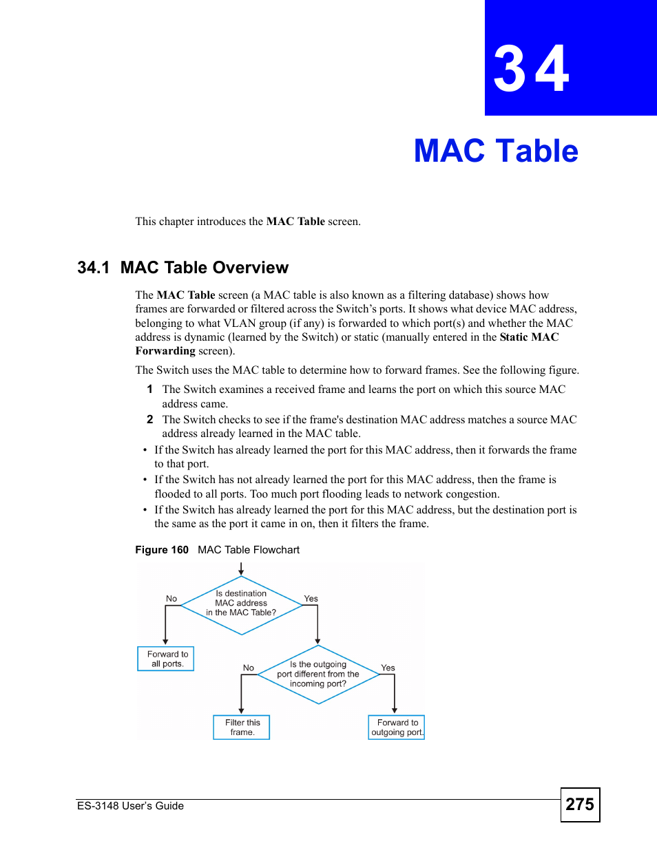 Mac table, 1 mac table overview, Chapter 34 mac table | Figure 160 mac table flowchart, Mac table (275) | ZyXEL Communications ES-3148 Series User Manual | Page 275 / 362