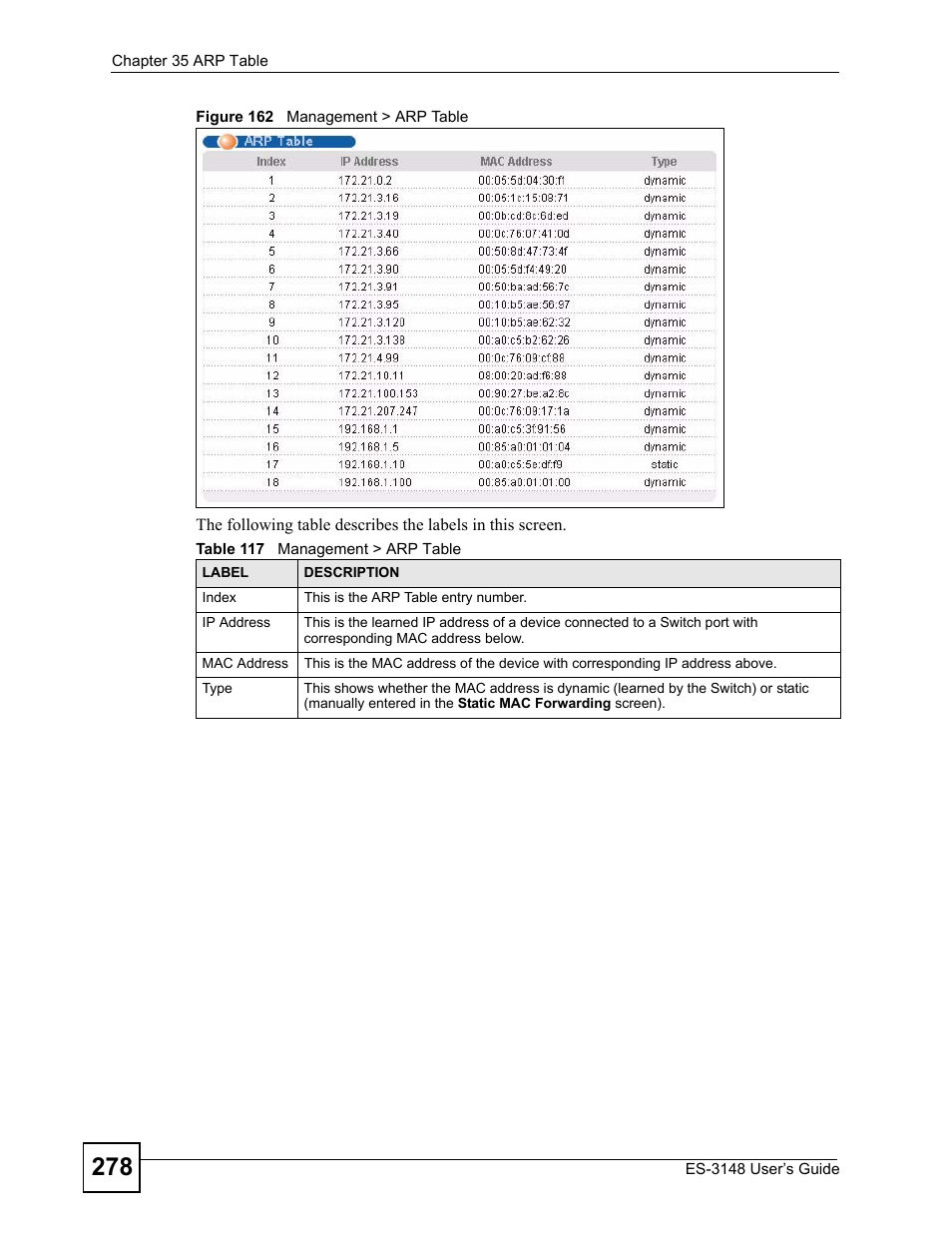 Figure 162 management > arp table, Table 117 management > arp table | ZyXEL Communications ES-3148 Series User Manual | Page 278 / 362