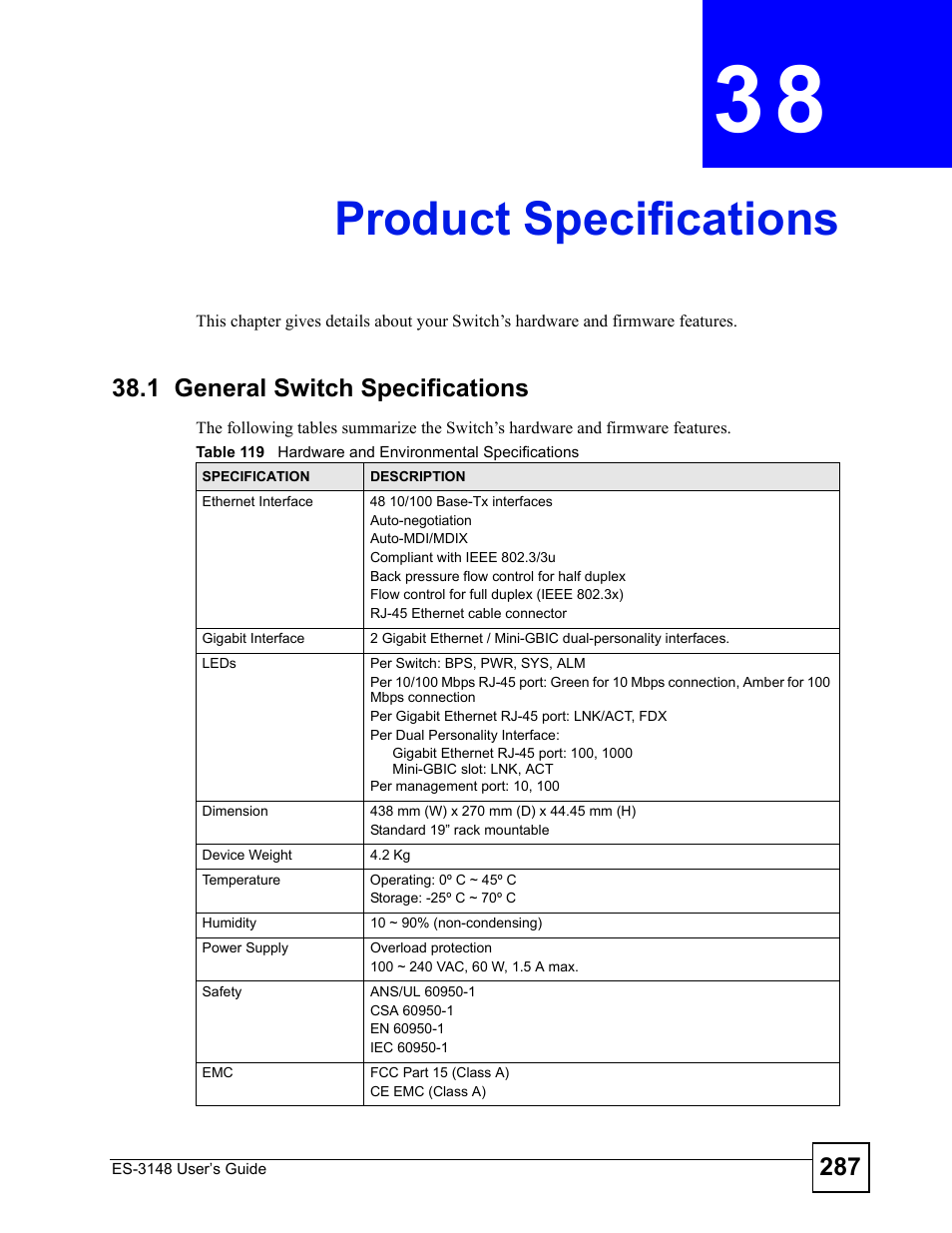 Product specifications, 1 general switch specifications, Chapter 38 product specifications | ZyXEL Communications ES-3148 Series User Manual | Page 287 / 362