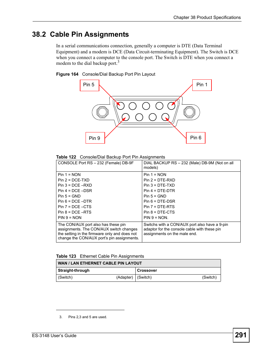 2 cable pin assignments | ZyXEL Communications ES-3148 Series User Manual | Page 291 / 362