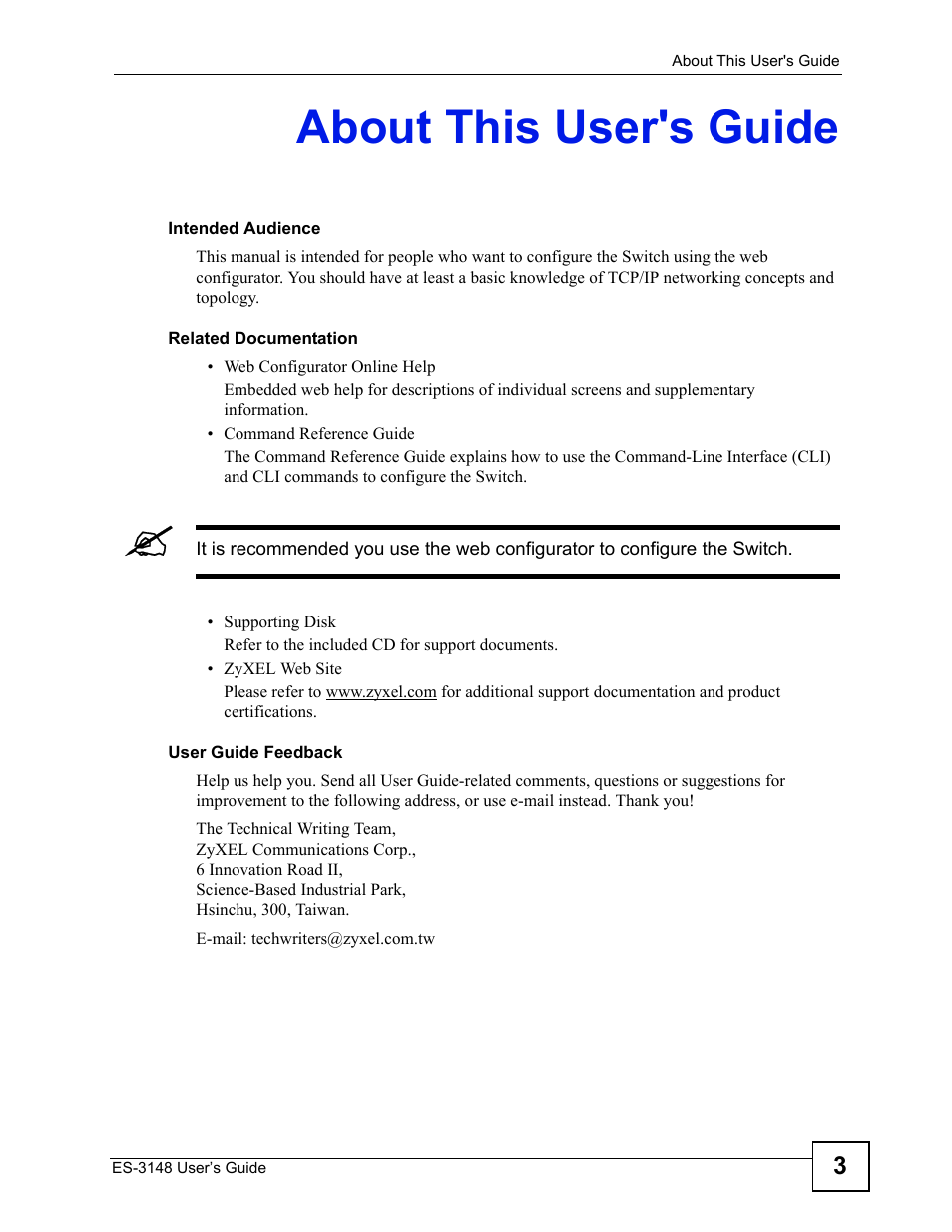 About this user's guide | ZyXEL Communications ES-3148 Series User Manual | Page 3 / 362