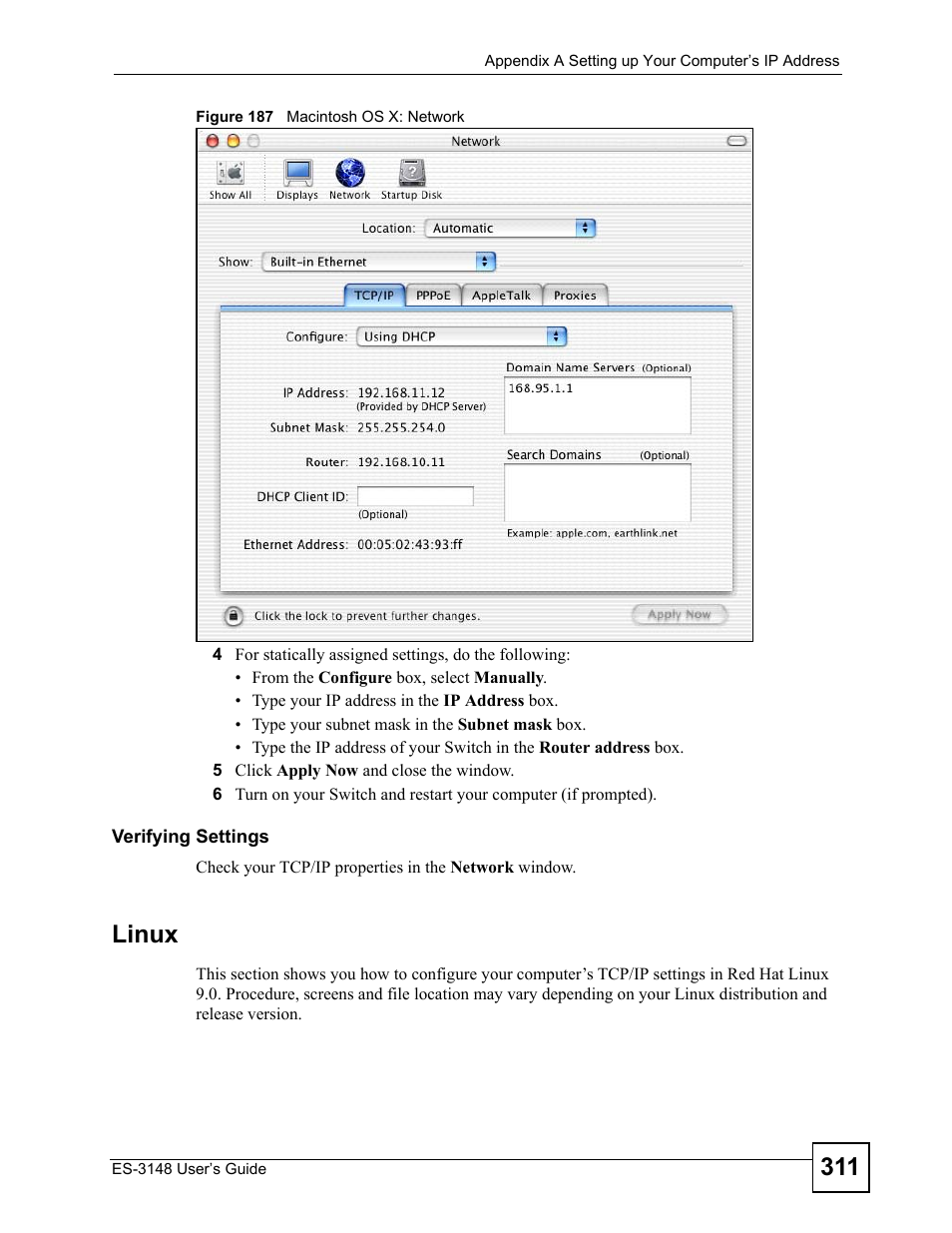 Figure 187 macintosh os x: network, Linux | ZyXEL Communications ES-3148 Series User Manual | Page 311 / 362